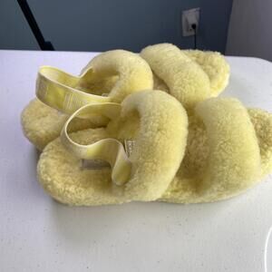 Ugg OH YEAH Slipper Slides Yellow Fluffy Size 10 Women’s Slingback Sheep Fur